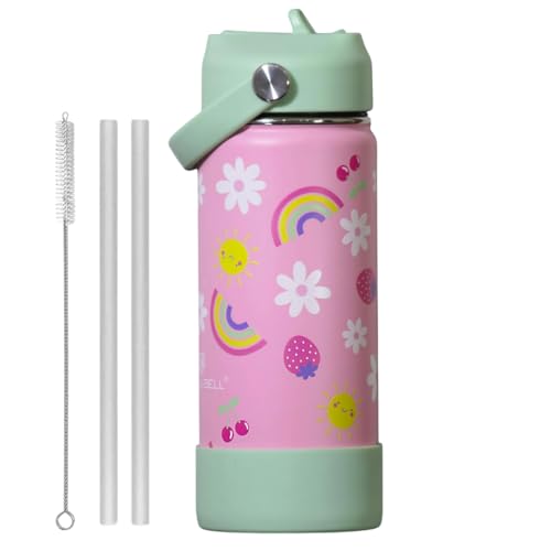 Image of TOM & BELL Insulated Water Bottle for Kids 500ml,Double Wall Water Bottle for School, Sipper Bottle,Hot and Cold,Premium Rust Resistant 304 Stainless Steel, with Silicon Bottom Sleeve(Flower, 500ml)