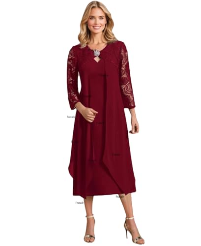 Scoop Tea Length Lace Chiffon Mother of The Bride Dress with Crystal Brooch Long Sleeve Formal Dress