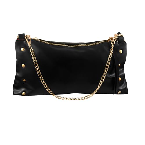 Image of Gaya NIOR Sling to Shoulder Bag, Black, Gold-Tone Chain Strap, Zip Closure, Studded Detail