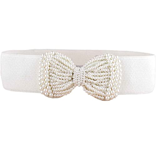Bow Elastic Stretch Belt Cinch Belt Waistband Pearl Wide Waist Belt