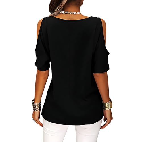Women’s Fashion Cold Shoulder T-Shirt High Fabric Round Neck Batwing Casual Short Sleeve2