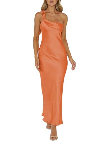 Image of 2026 Satin One Shoulder Maxi Dress for Women Summer Silk Formal Elegant Backless Ruffle Sleeveless Wedding Guest Dresses