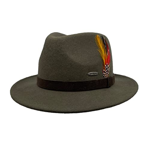 Oktoberfest German Hat Faux Leather Alpine Fedora with Edelweiss Pin & Feather 100% Polyester | (Green)