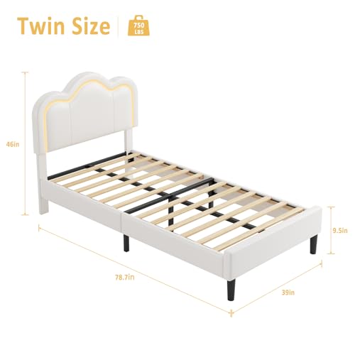 Image of GarveeHome Twin Upholstered Smart LED Bed Frame with Headboard, PU Leather Princess Platform Bed Frame for Kids, Wooden Slats Support, No Box Spring Needed (Vanilla)