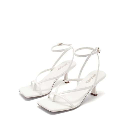 DREAM PAIRS Women's Dressy Kitten Heel Sandals, Sylvestra Strappy Open Square Toe Heels with Ankle Strap for Wedding Guest, Parties and Special Occasions,Size 8,White-Pu,SDHS2405W