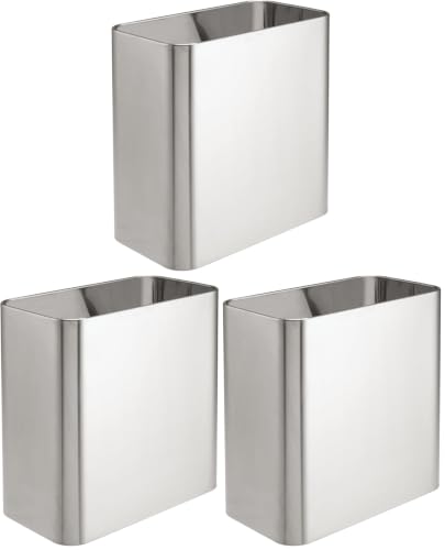 Image of mDesign Small Metal 2.4 Gallon /9 Liter Trash Can Wastebasket Garbage Bin for Bathroom, Slim Rubbish Waste Bin Trashcans - Mirri Collection - Brushed Chrome (Pack of 3)