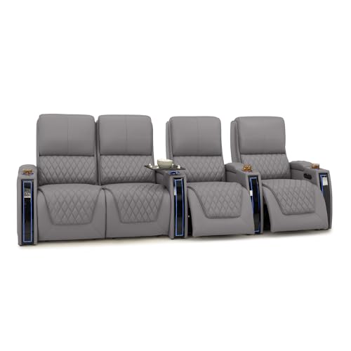 Image of Seatcraft Apex Gray Italian Leather Home Theater Seating, Zero Gravity Power Recliner Chair, Powered Headrest and Lumbar Gaming and Lounge Sofa Furniture for Cinema Room, Row of 4 Left Loveseats