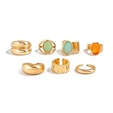 PLOUTOS Chunky Gold stone Ring Set for Women Adjustable Mixed Stone Design with Aqua Blue stone Amber Cabochons Bold Statement Fashion Jewelry Gift (Gold set7)