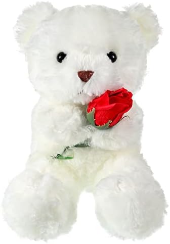 Civaner Plush Stuffed Animal Bear with Rose Funny Cute Stuffed Animal Plush Valentine's Day Gifts for Kids Toddler Girlfriend Mother's Day, 11.8 Inches (White)