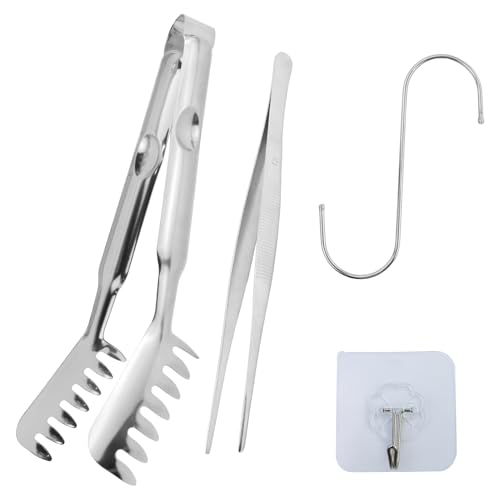 Pinze per spaghetti, pinze per spaghetti da servizio, pinza per spaghetti in acciaio inox, argento, con 1 gancio a S, 1 gancio autoadesivo, 1 pinzetta, per bistecca, pane, frutta, pasta