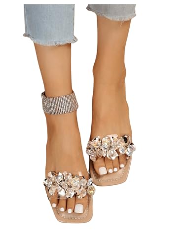 OYOANGLE Women's Rhinestone Flower Decor Clear Strap Sandals Square Toe Flat Sandals2