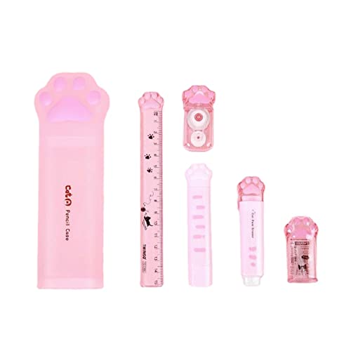 MROOFUL Trousse Rose en Forme de Patte de Chat avec Gomme et Taille-Crayon et Ruban correcteur pour Filles - Grande capacité