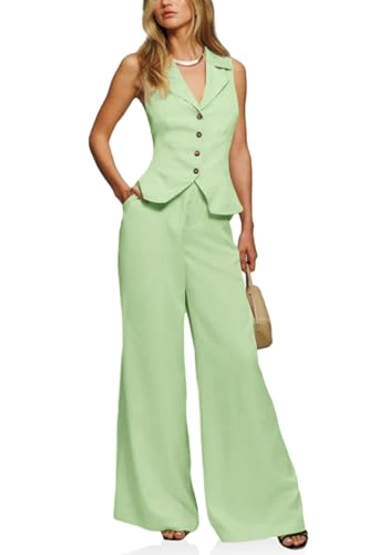 Cicy Bell Womens Vest Sets Summer 2 Piece Outfits Button Crop Blazer Vest and Wide Leg Pant Suits