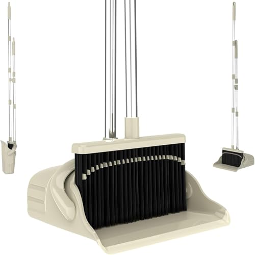 Image of Broom and Dustpan Set, 52-Inch Handle, Comb Teeth, Gray Yellow | Long handle broom set for home, kitchen, apartment andstorage