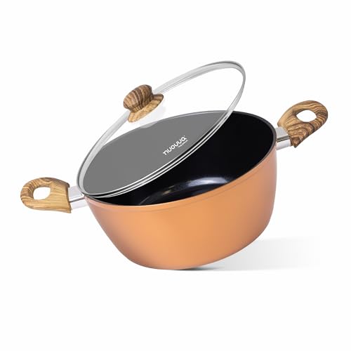 Non Stick Cooking Pots with Glass Lid – 4.2 Quart Induction Hob Stock Pot – Kitchen Deep Casserole Cookware – 24cm, Copper – by Nuovva
