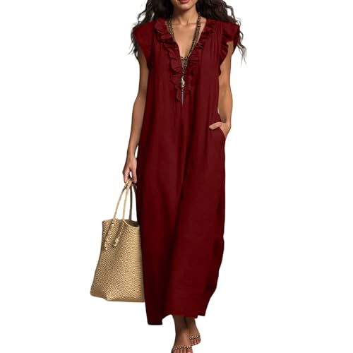 Robe longue lin bordeaux col V et volants : la douceur d'un été bohème et intemporel