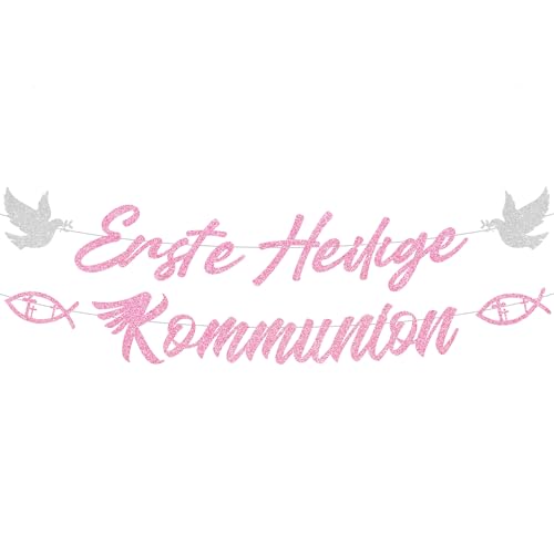 Erste Heilige Kommunion Deko Girlande - Erstkommunion Dekoration Glitzer Banner mit Fisch Taube, Papier Hängende Dekorationen für Junge Mädchen zu Taufe Konfirmation Party (Rosegold)