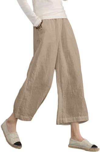 Womens Linen Cropped Pants Loose Casual Capri Cotton Wide Leg Plus Size Elastic Waist with Drawstring Trouses Kahki XL