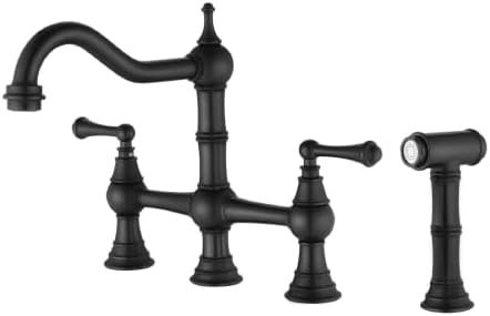 Bridge Kitchen Faucet with Side Sprayer and Two Handles, Deck Mount Solid Brass Hot Cold Water Faucet for Kitchen Sink, Matte Black