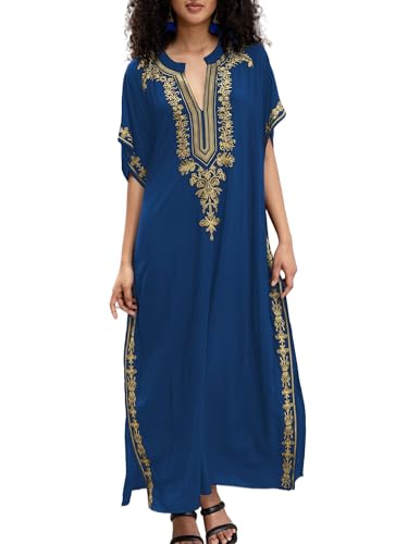Women Embroidery Golden V Neck Arabic Dubai Kaftan Casual Beach Wear Cover Up Side Split Long Dress Blue