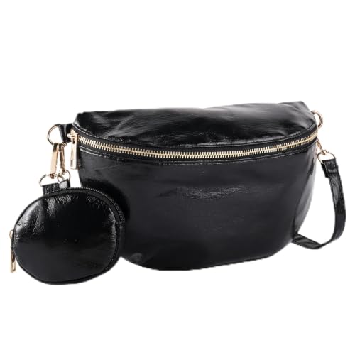 Women's Vegan Leather Sling Fanny Pack, Adjustable Crossbody Bag, Black