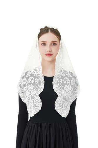 Wgior Elegant Veils for Catholic Church Lace Mantilla Chapel Veil for Women Traditional Prayer Headscarf,Religious Events (Ivory)