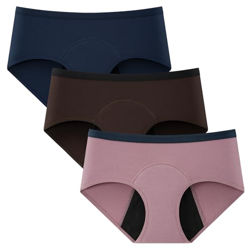 INNERSY Menstruation Unterwäsche Starke Blutung Mikrofaser Period Panties Waschbar Schutzslip 3 Pack (M Braun/Dunkelblau/Aschviolett)