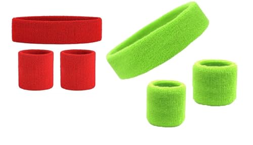 CARE 'N' TOUCH Gym Wrist Band for Men and Women - Cotton Wristband and Headband Combo, 2.5 inch (Red + Green)