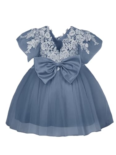 Lace Applique Flower Girl Dress for Wedding Bow Knot Tulle Short Sleeves Knee-Length V-Back Tutu Ball Gowns