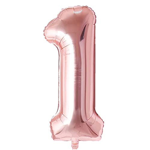 Ponmoo 100cm Geant Ballon Chiffre 1 Or Rose 42-Pouces, Party 1 Ans Ballon Age Gonflable Anniversaire, Helium Ballons Numéro Anniversaire Chiffres Numero Age Ballon 1 Or Rose Cover