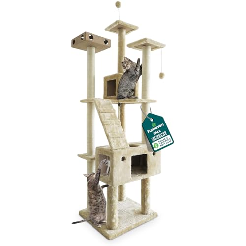 Image of FurHaven 69.3 inch Tall Cat Scratching Post Tower for Indoor Cats, Sisal Cat Tree with 2 Condos, Tiger Tough Double Decker Playground, Toys & Perches for Cats, Sisal, Cream