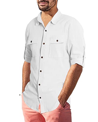 LVCBL Chemise en lin pour homme décontractée en coton, Blanc (02), XL Cover
