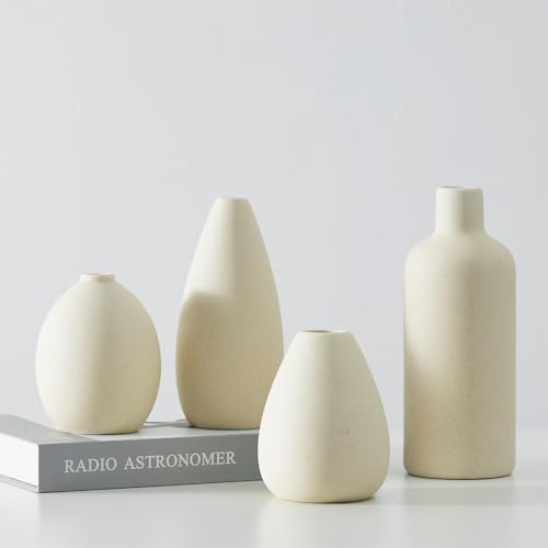 CEMABT Jarrón de cerámica Beige Set 4 jarrones pequeños para Flores, jarrones de Flores únicos para Piezas centrales, jarrones Modernos Decorativos para decoración del hogar Entrada de Mesa (Beige)