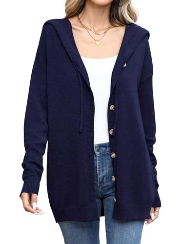 TASAMO Women's Button Down Hoodie Cardigan Sweaters Long Sleeve Fall Fashion Open Front Knit 2025 Winter Outerwear Coats Navy Blue