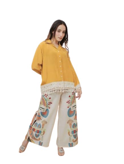 Women's Mustard Yellow Button-Down Shirt with Embroidered Palazzo Pants Set, Tassel Trim Detail-picture-36