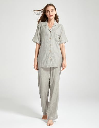 Image of Womens Muslin Pajama Set 100% Cotton Double Gauze Linen Like | Breathable Soft Comfort Button Up Loungewear Sleepwear PJ Set