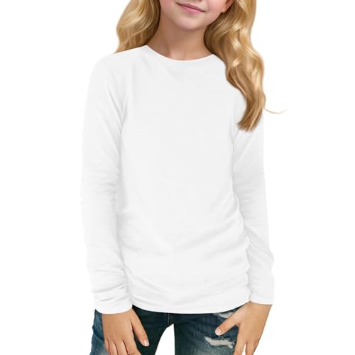 Girls Long Sleeve T-Shirt Crew Neck Casual Solid Color Soft Tee for Kids Comfortable Fall Top, Ages 3-14 Years