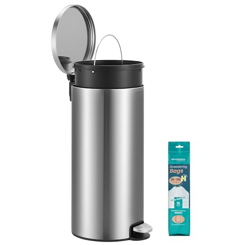 SONGMICS Cubo de Basura Redondo, Basurero con 15 Bolsas, Pedal de Metal, Cubeta Interior Extraíble de Plástico, Asa, Cierre Amortiguado, Acero Inoxidable, 30 L, Plateado LTB031EZ02