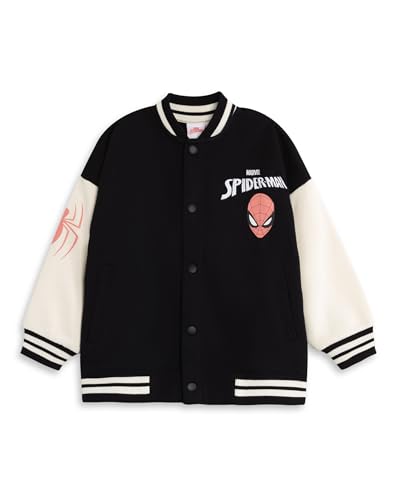 Marvel Spider-Man Boys Black Bomber Jacket | Graphic Varsity Jacket with Cartoon Prints | Long Sleeve Streetwear Top