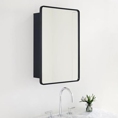 TEHOME Surface Mount 16x24 Black Bathroom Medicine Cabinet with Mirror Matt Black Metal Framed Rounded Rectangle Medicine Cabinet with Beveled Mirror Cover