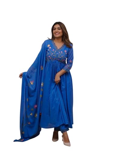 Image of Women's Cotton Embroidered Long Anarkali Kurti with pant and Dupatta Set