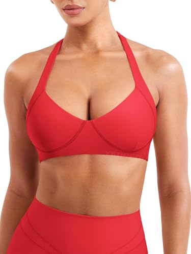 Image of YEOREO Women Halter Sports Bra Light Support V Neck Padded Strappy Open Back Workout Gym Tops