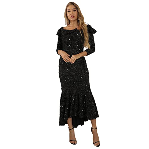 Vestidos pretos femininos de lantejoulas para festa sem mangas vestidos pretos para noite, Preto, G