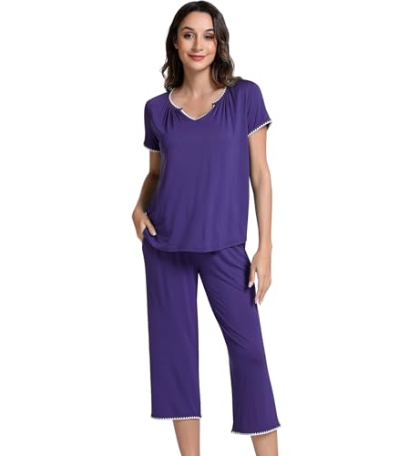 Image of NACHILA Bamboo Viscose Women's Pajamas Set Short Sleeve Pjs and Capri Pants