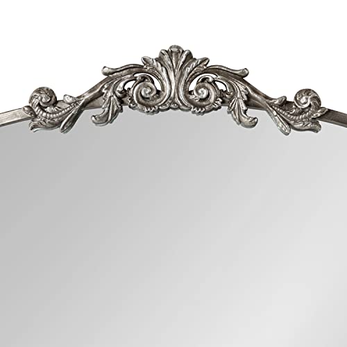 Image of Kate and Laurel Arendahl Ornate Traditional Arched Mirror; 36 x 29; Silver; Decorative Baroque Style Arched Wall Mirror with Wide Frame and Ornamental Crown