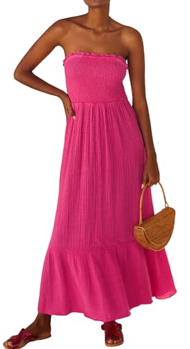 Image of R.Vivimos Womens Summer Boho Cotton Maxi Dress Adjustable Spaghetti Strap Elastic Smocked Casual Ruffle Hem Flowy Beach Dress