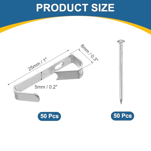 Image of uxcell 100 Pcs Picture Hangers, 30lb 25mm Picture Hanging Kit Picture Hanging Hooks Picture Hooks for Wooden Wall or Drywall Frame Painting Art Photo(50 Hangers + 50 Nails), Silver