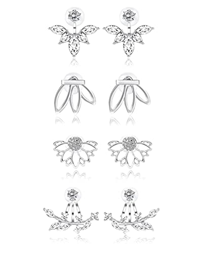 Ofeiyaa 4 Pairs Lotus Flower Earring Studs Jackets Chic CZ Leaf Hollow Stainless Steel Earring for Women Girls Silver Rose Gold Tone