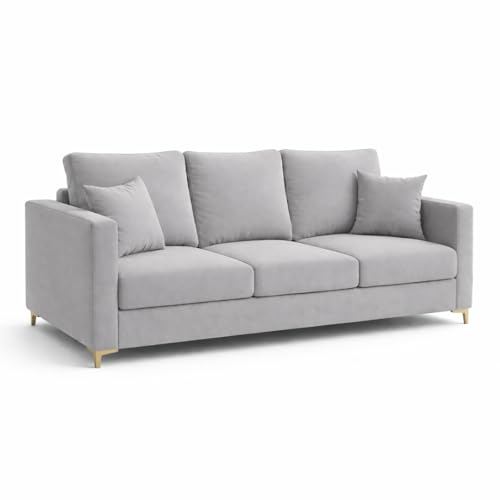 Image of Hayes Rich Velvet Suede 3 Seater Sofa | Golden Aesthetic Legs | Spacious Soft Touch Comfort Seating | Modern Luxe Sofa for Living Room (Light Gray)