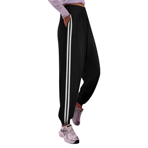 Pantalones casuales para mujer, rayas tiza, cinturón de cintura alta, corte colorido, holgado, ancho y holgado, deporte, ligero, Le Noir, S